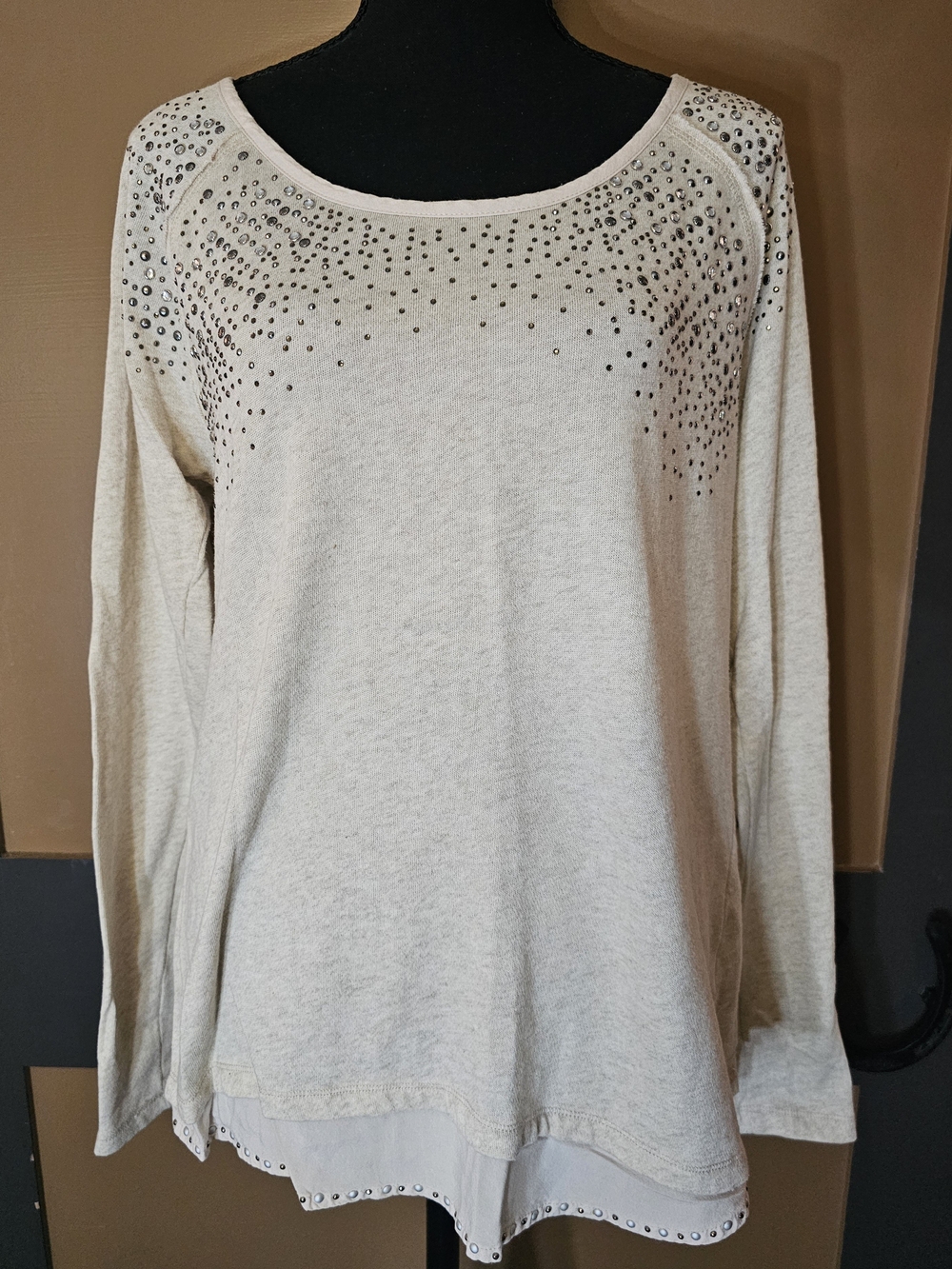 Maurices Cream Rhinestone-Embellished Long Sleeve Top Hi-Lo Hem